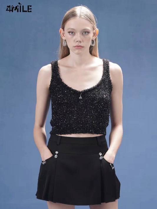 4MILE Spring/Summer New Sparkling Sequined Starry Sky Knitted Vest, Can Be Worn Outerwear, Stylish U-Neck, Slim Fit Base Layer