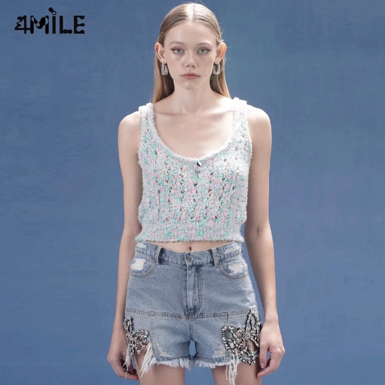 4MILE Spring/Summer New Sparkling Sequined Starry Sky Knitted Vest, Can Be Worn Outerwear, Stylish U-Neck, Slim Fit Base Layer