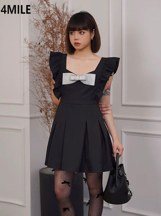 JK BY 4MILE Detachable Rhinestone Bow Dress, French Heather-Style Little Black Dress