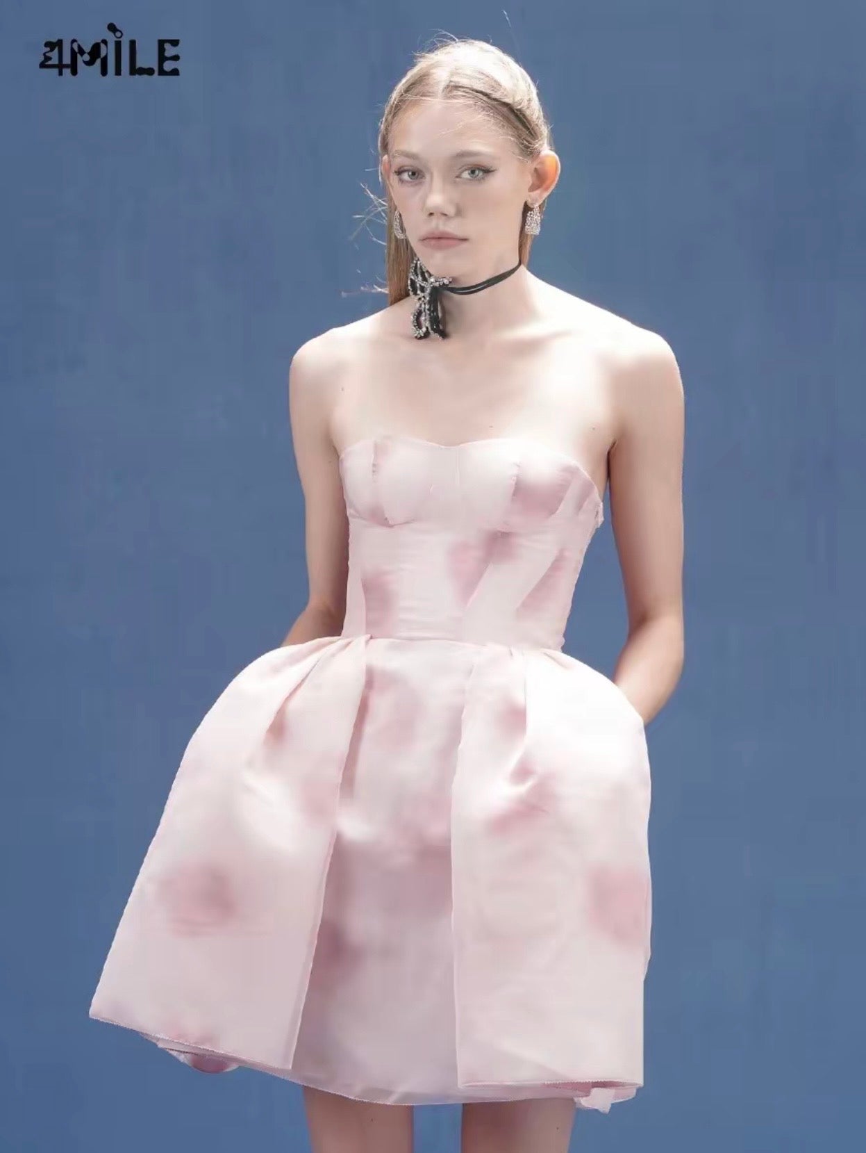 4MILE [Ju Jingyi's Style] Pink Gradient Print Strapless Dress with Puffy Tulle Skirt