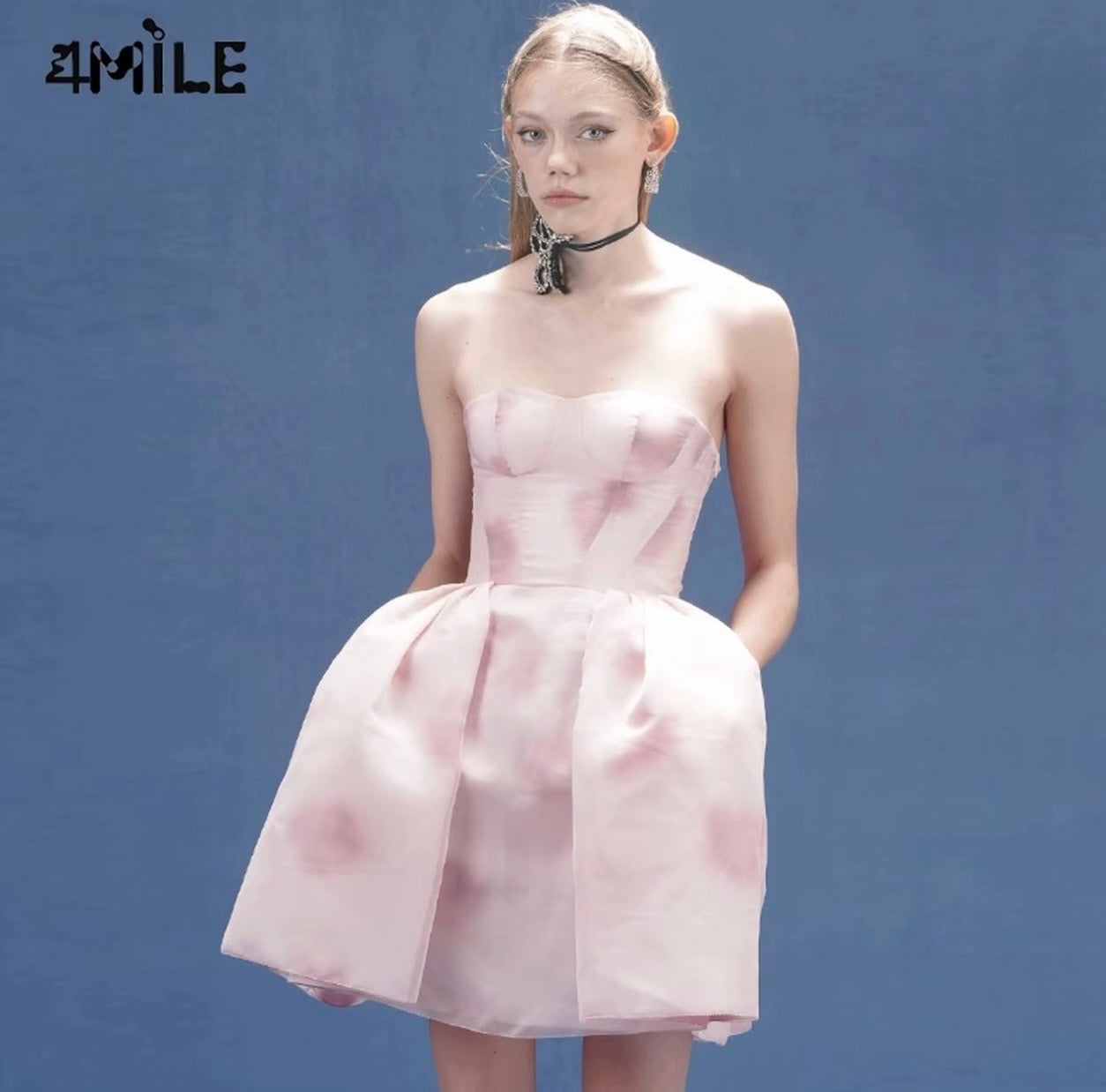 4MILE [Ju Jingyi's Style] Pink Gradient Print Strapless Dress with Puffy Tulle Skirt