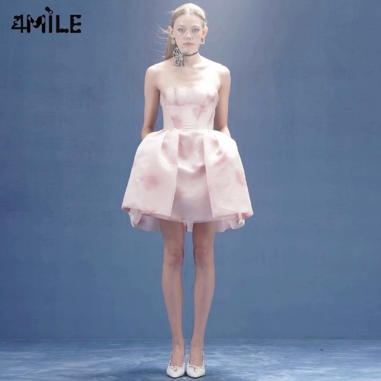 4MILE [Ju Jingyi's Style] Pink Gradient Print Strapless Dress with Puffy Tulle Skirt