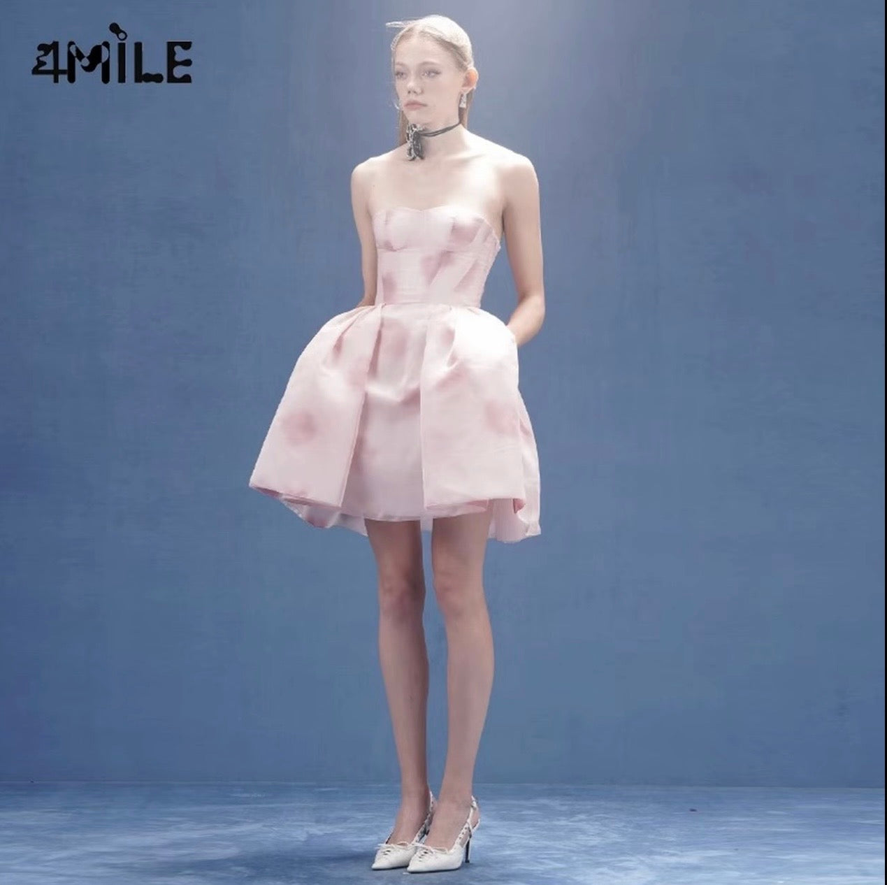4MILE [Ju Jingyi's Style] Pink Gradient Print Strapless Dress with Puffy Tulle Skirt