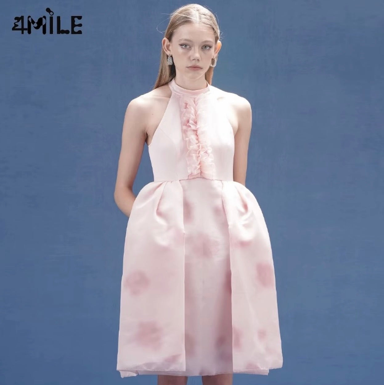 4MILE春夏新款粉色抽皱花边挂脖连衣裙优雅气质设计师高订礼服