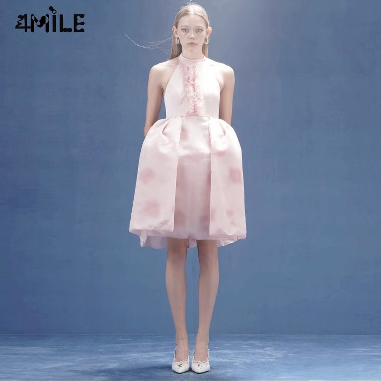 4MILE春夏新款粉色抽皱花边挂脖连衣裙优雅气质设计师高订礼服