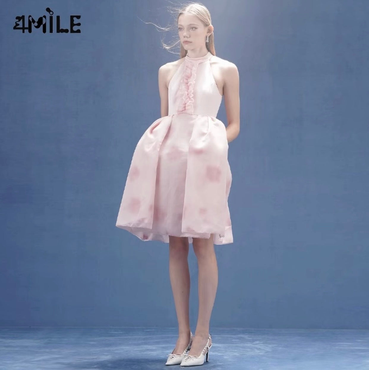 4MILE春夏新款粉色抽皱花边挂脖连衣裙优雅气质设计师高订礼服