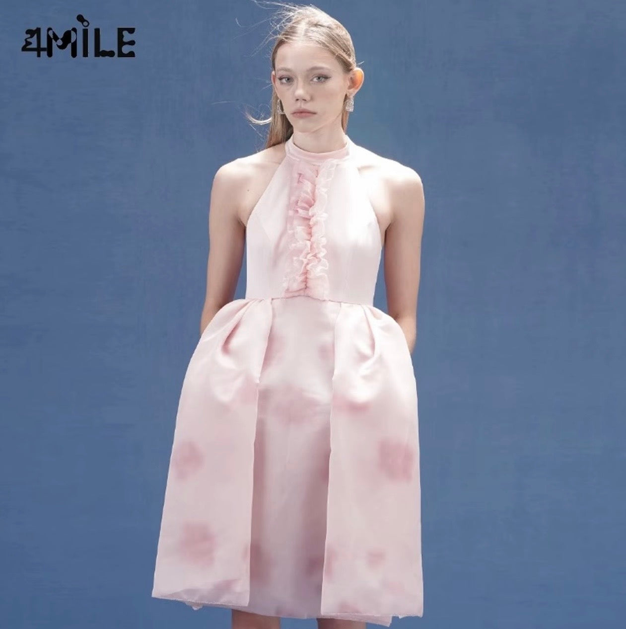 4MILE春夏新款粉色抽皱花边挂脖连衣裙优雅气质设计师高订礼服