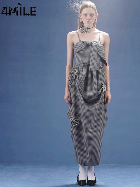 4MILE Spring/Summer New Plaid Bow Strapless Dress - Unique Design, Off-Shoulder, Elegant and Sophisticated Style