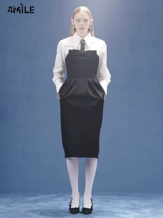 4MILE Spring/Summer New Arrival Black Bow-Knot Cocoon-Shaped Strapless Dress, Elegant, Slimming, Midi Dress