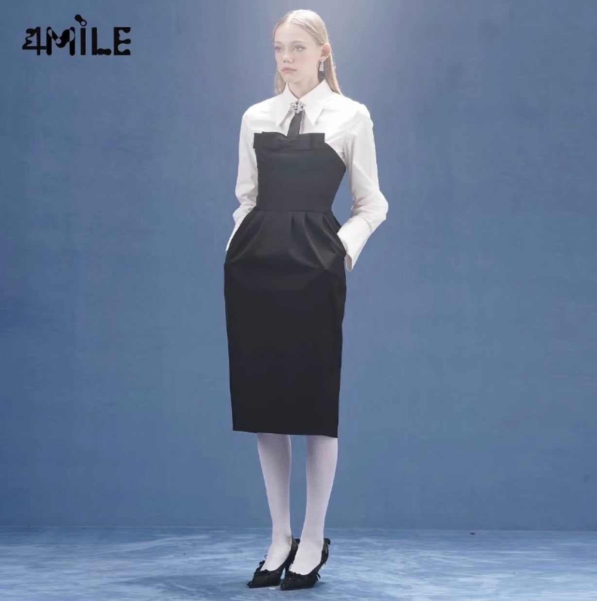 4MILE春夏新款黑色蝴蝶结茧型抹胸连衣裙气质收腰显瘦中长裙