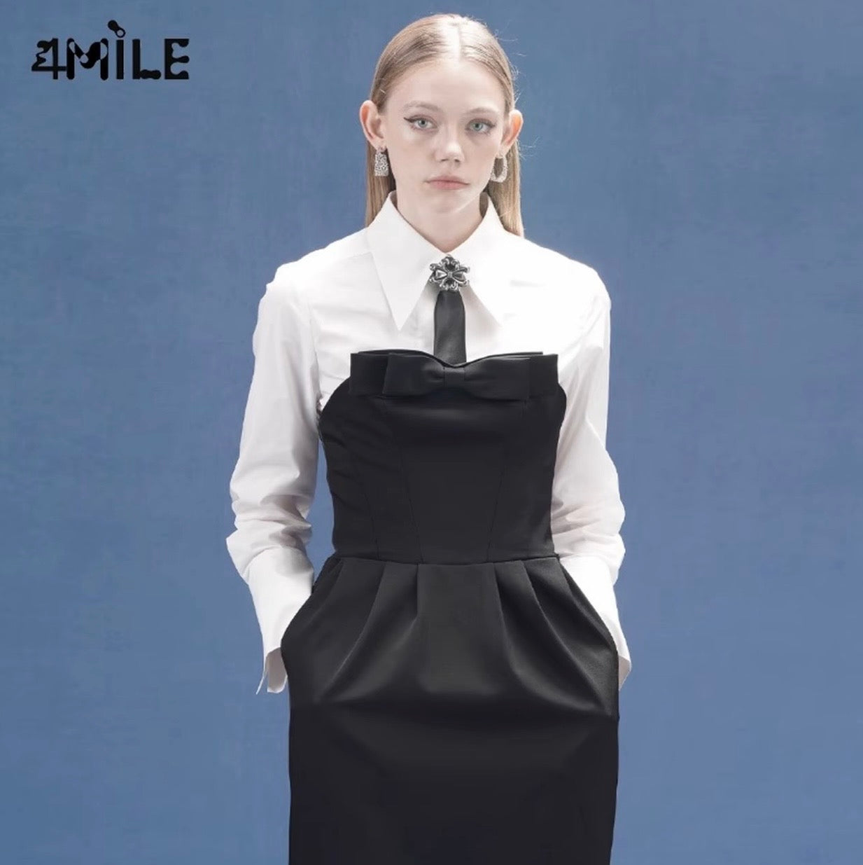 4MILE春夏新款黑色蝴蝶结茧型抹胸连衣裙气质收腰显瘦中长裙