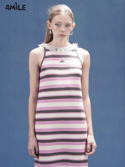 4MILE Spring/Summer New Pink Striped Tassel Eyelash Sporty Maxi Dress - Slimming, Elegant, Loose-fitting Sleeveless Dress