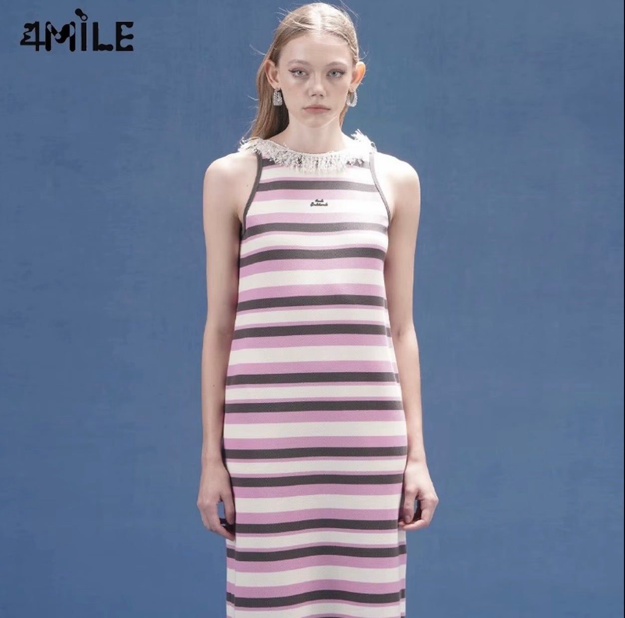 4MILE春夏新款粉条纹流苏睫毛运动长裙显瘦气质宽松无袖连衣裙