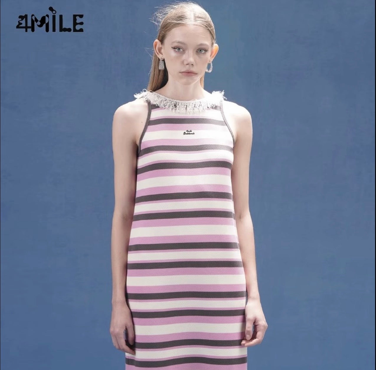 4MILE春夏新款粉条纹流苏睫毛运动长裙显瘦气质宽松无袖连衣裙