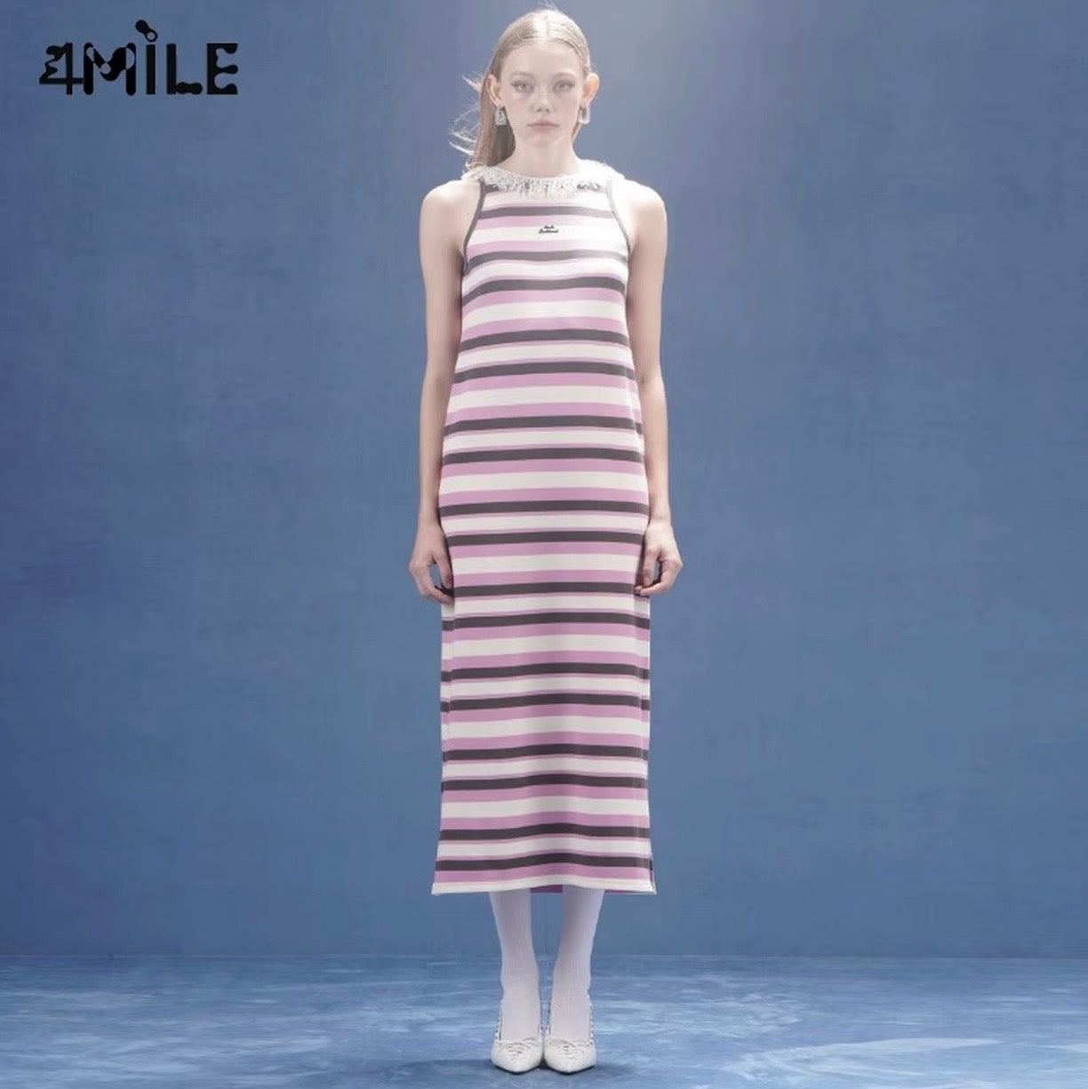 4MILE春夏新款粉条纹流苏睫毛运动长裙显瘦气质宽松无袖连衣裙