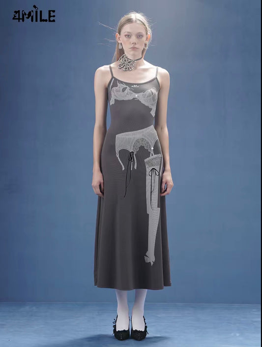 4MILE 2024 Spring/Summer New Lace Sexy Print Slim Fit Spaghetti Strap Long Dress - Stylish Design, Waist-cinching, Slimming, Hot Girl Style