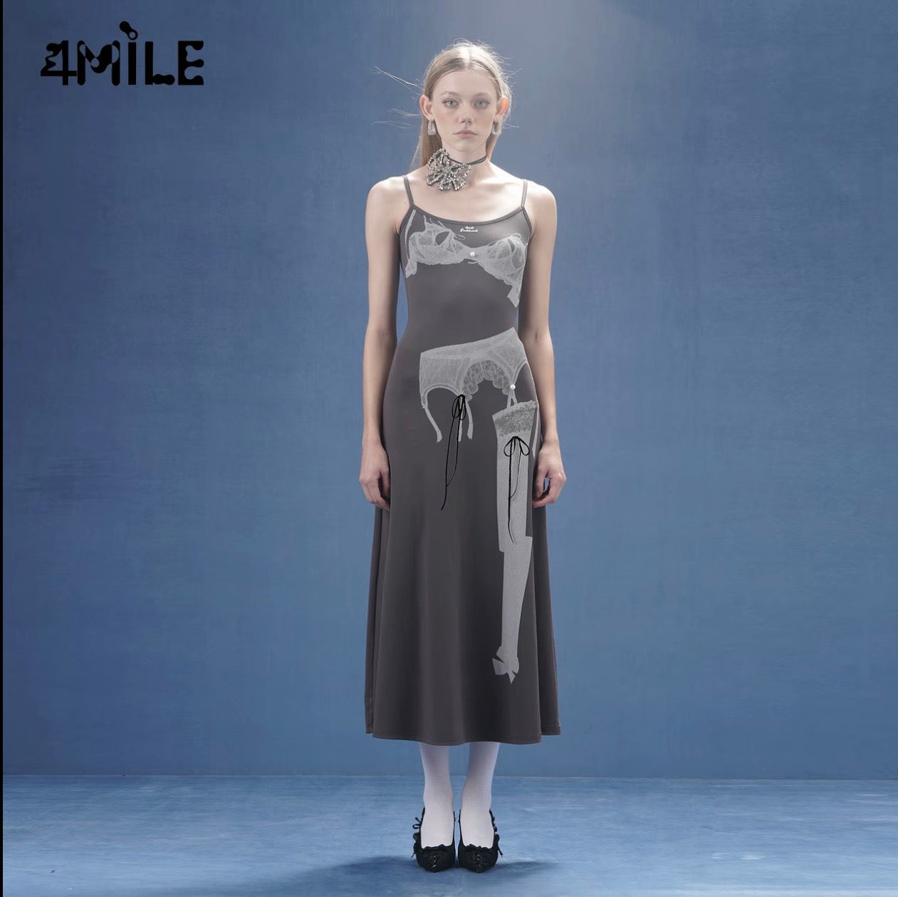 4MILE 2024 Spring/Summer New Lace Sexy Print Slim Fit Spaghetti Strap Long Dress - Stylish Design, Waist-cinching, Slimming, Hot Girl Style