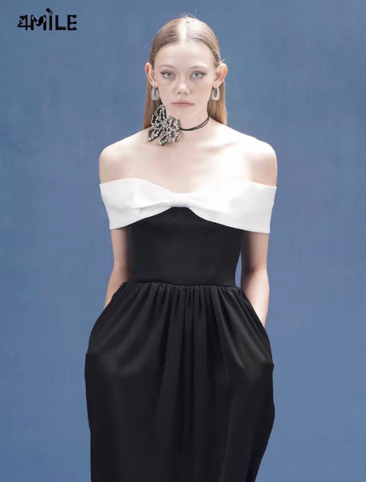 4MILE Spring/Summer New Color Block Bow Strapless Cocoon Dress, Elegant Designer Minimalist Slip Dress