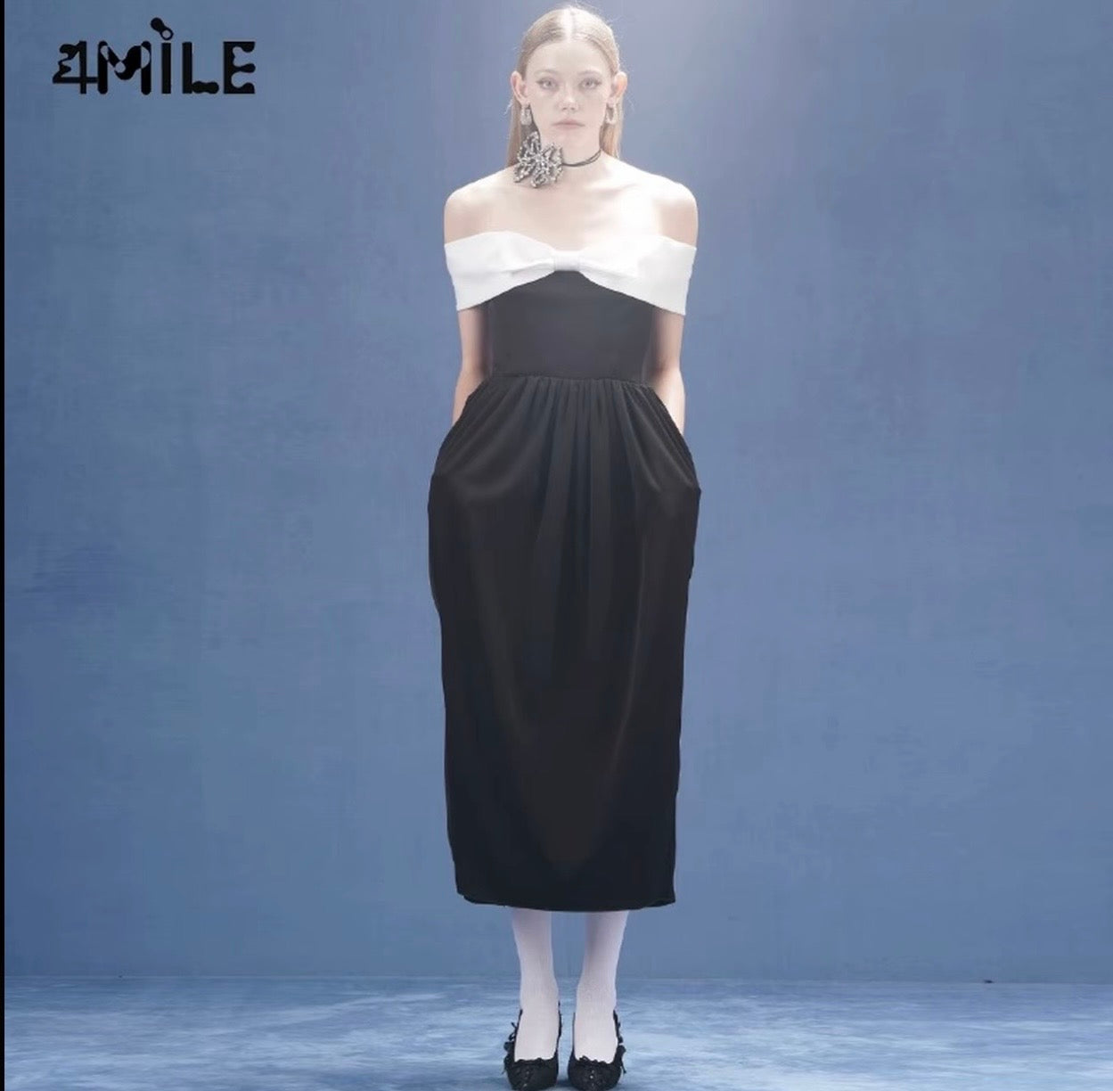 4MILE春夏新款撞色蝴蝶结抹胸茧型连衣裙优雅设计师简约吊带裙