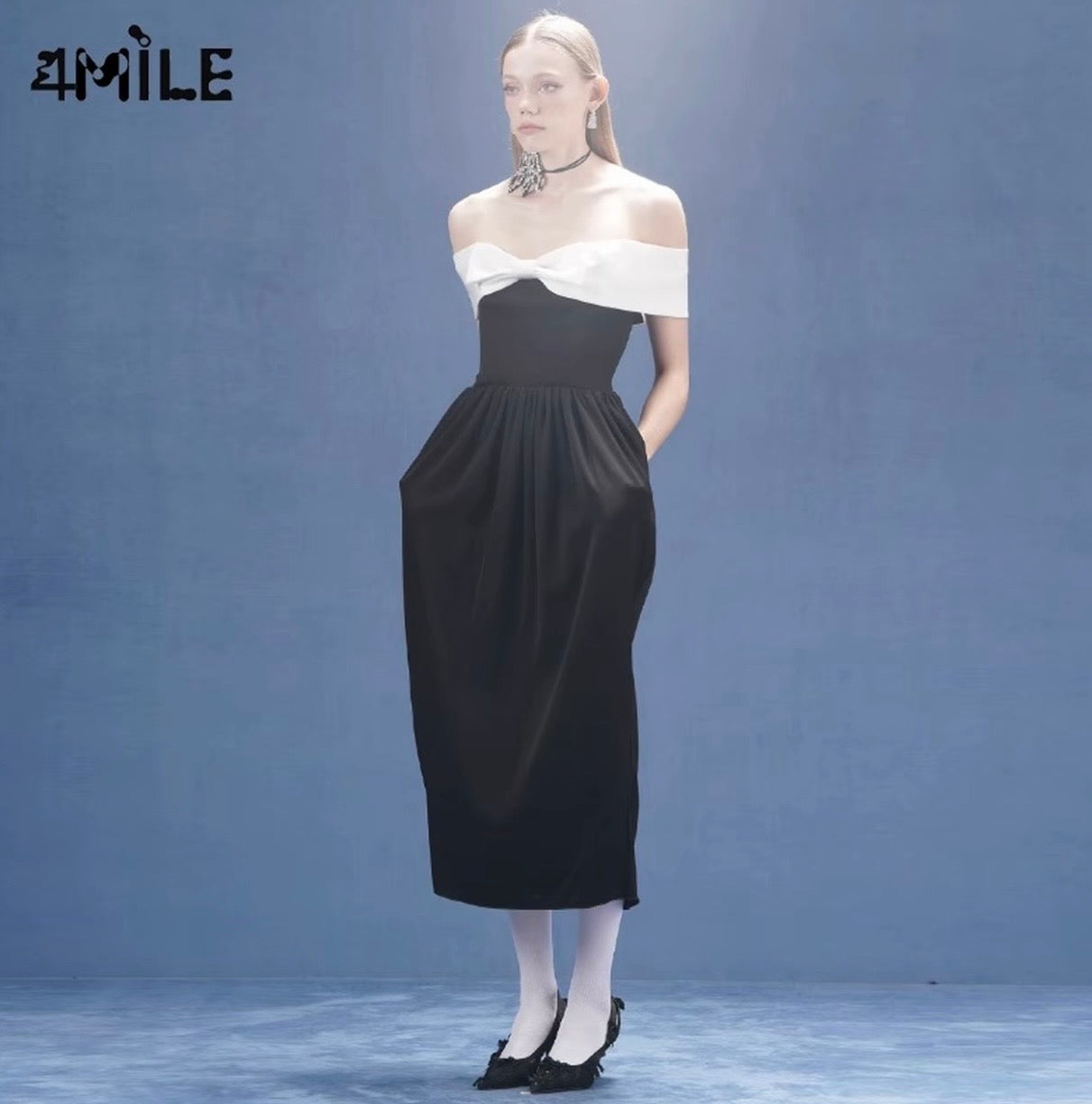 4MILE春夏新款撞色蝴蝶结抹胸茧型连衣裙优雅设计师简约吊带裙