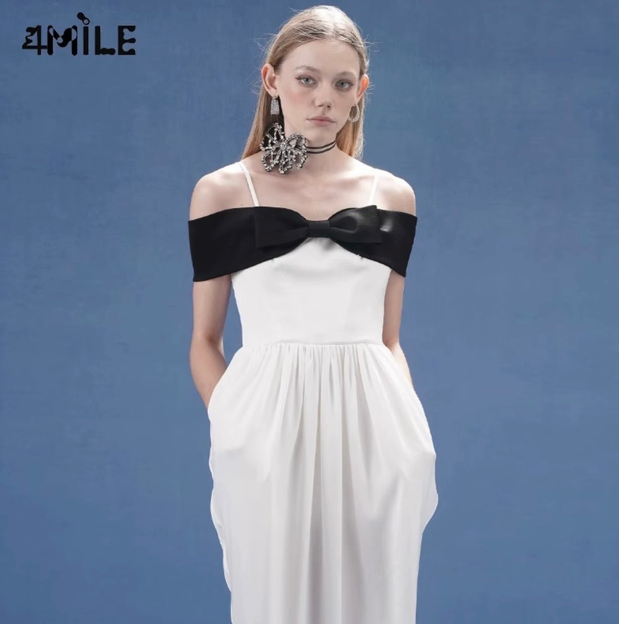 4MILE春夏新款撞色蝴蝶结抹胸茧型连衣裙优雅设计师简约吊带裙