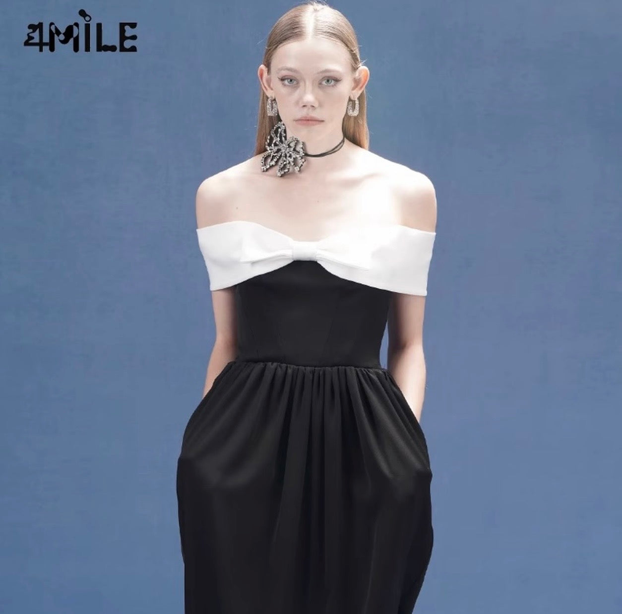 4MILE春夏新款撞色蝴蝶结抹胸茧型连衣裙优雅设计师简约吊带裙