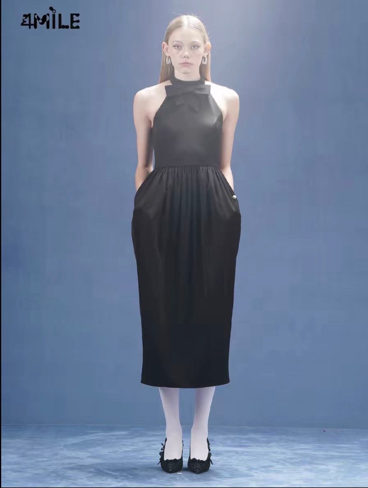 4MILE24 Spring/Summer New Black Bow-Knot Cocoon-Shaped Halter Neck Dress - Niche Designer Haute Couture Gown