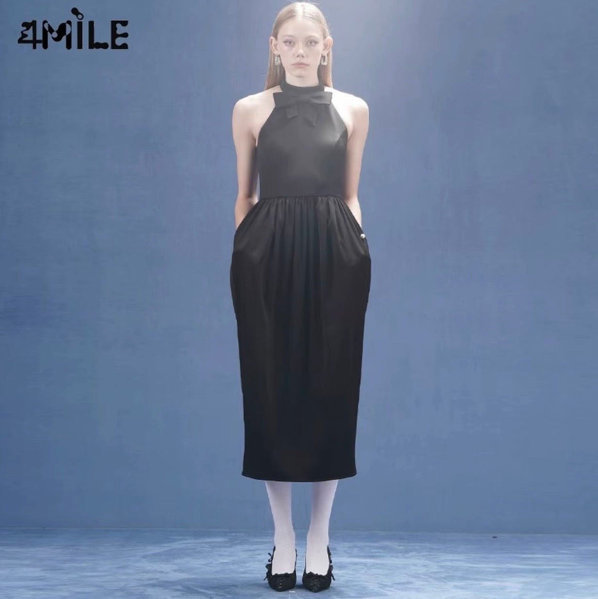 4MILE24 Spring/Summer New Black Bow-Knot Cocoon-Shaped Halter Neck Dress - Niche Designer Haute Couture Gown
