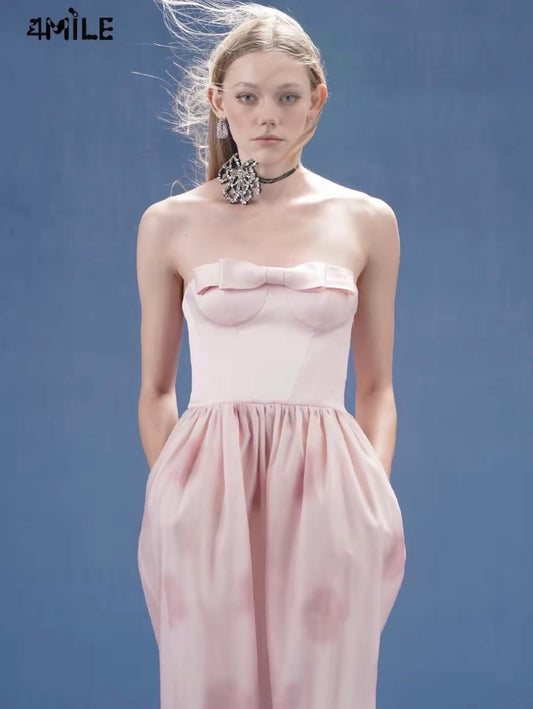 4MILE Spring/Summer New Arrival: Aristocratic Heiress Designer Pink Bow Strapless Cocoon Shaped Slimming Printed Dress