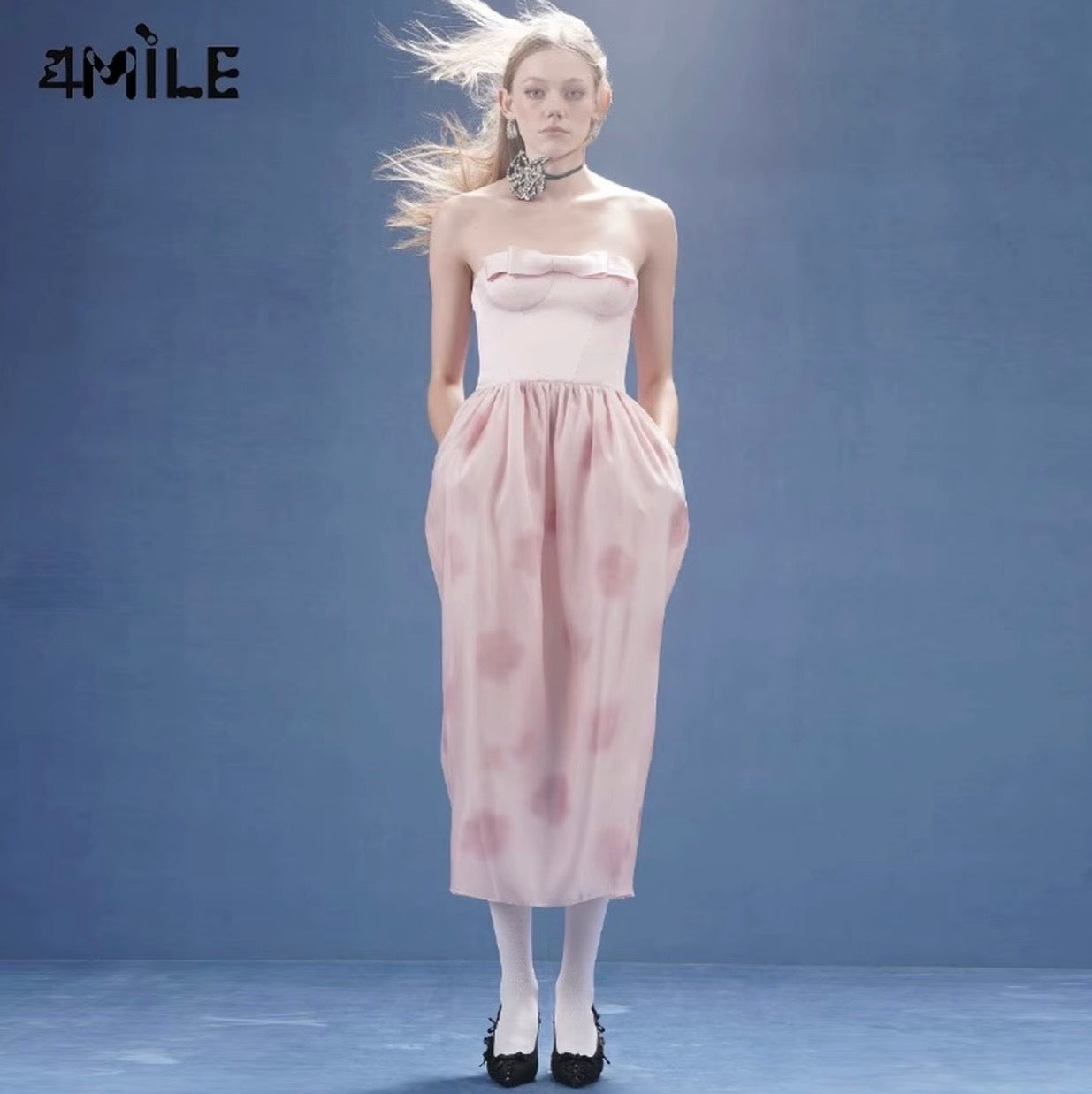 4MILE春夏新款贵族千金设计师粉色蝴蝶结抹胸茧型显瘦印花连衣裙