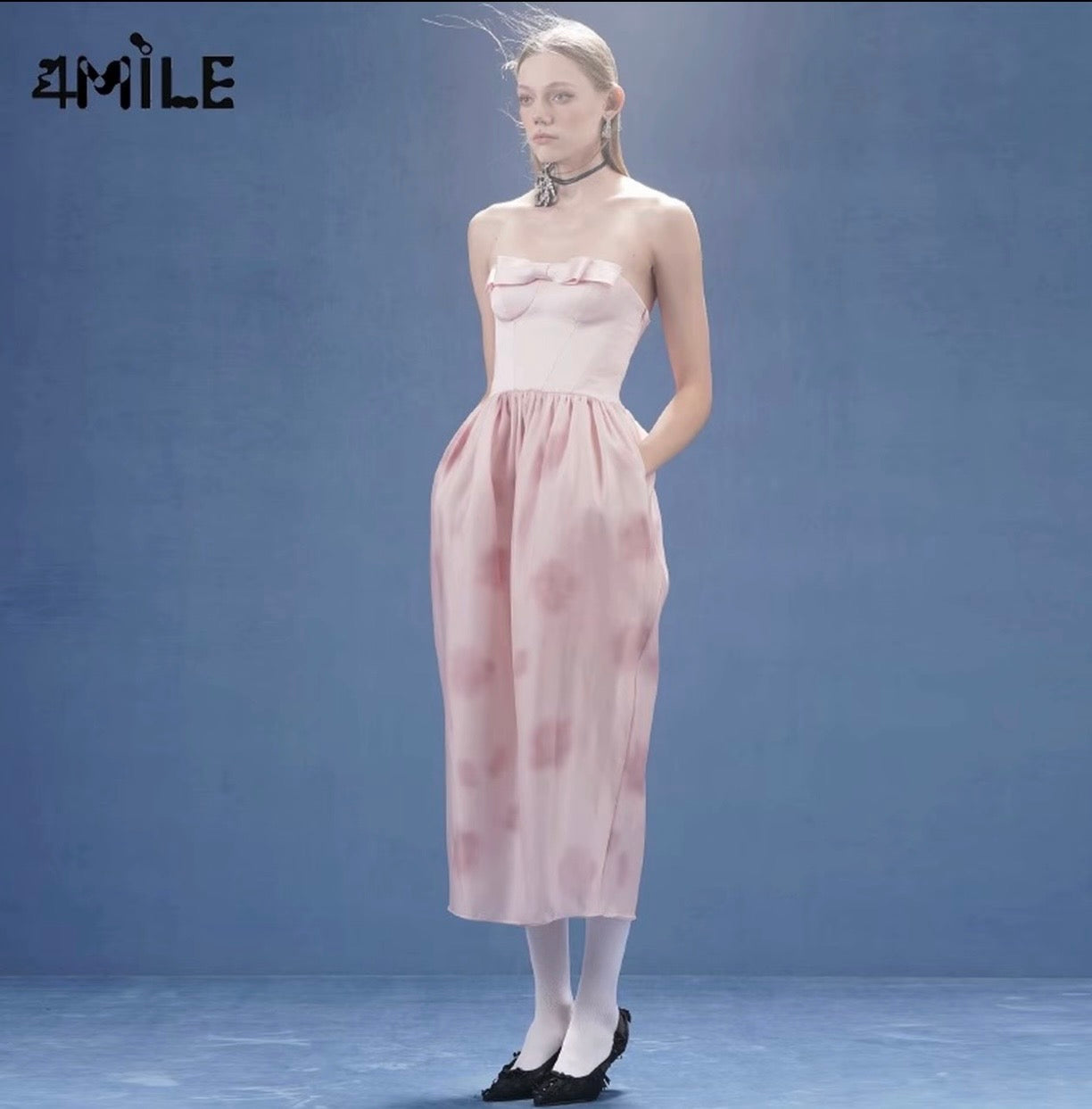 4MILE春夏新款贵族千金设计师粉色蝴蝶结抹胸茧型显瘦印花连衣裙