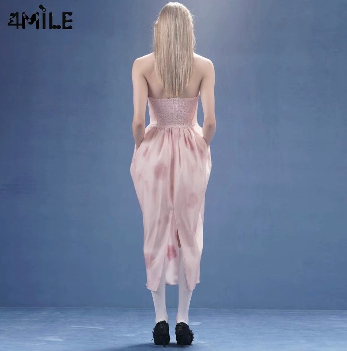 4MILE春夏新款贵族千金设计师粉色蝴蝶结抹胸茧型显瘦印花连衣裙