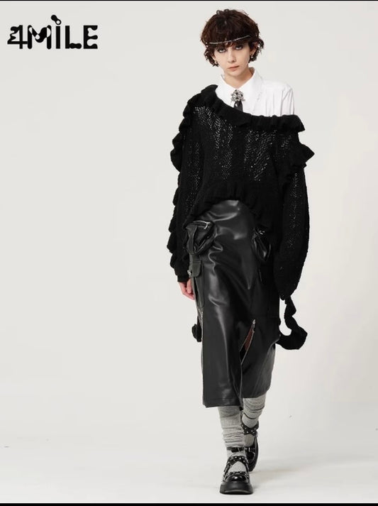 4MILE Irregular Design Ruffled Lace Trim Ribbon Pullover Mesh Hollow-Out Long-Sleeve Knit Sweater