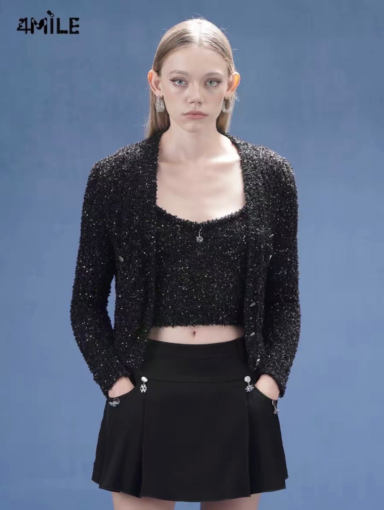 4MILE春夏新款设计师闪亮珠片满天星大网眼开衫气质修身短款外套