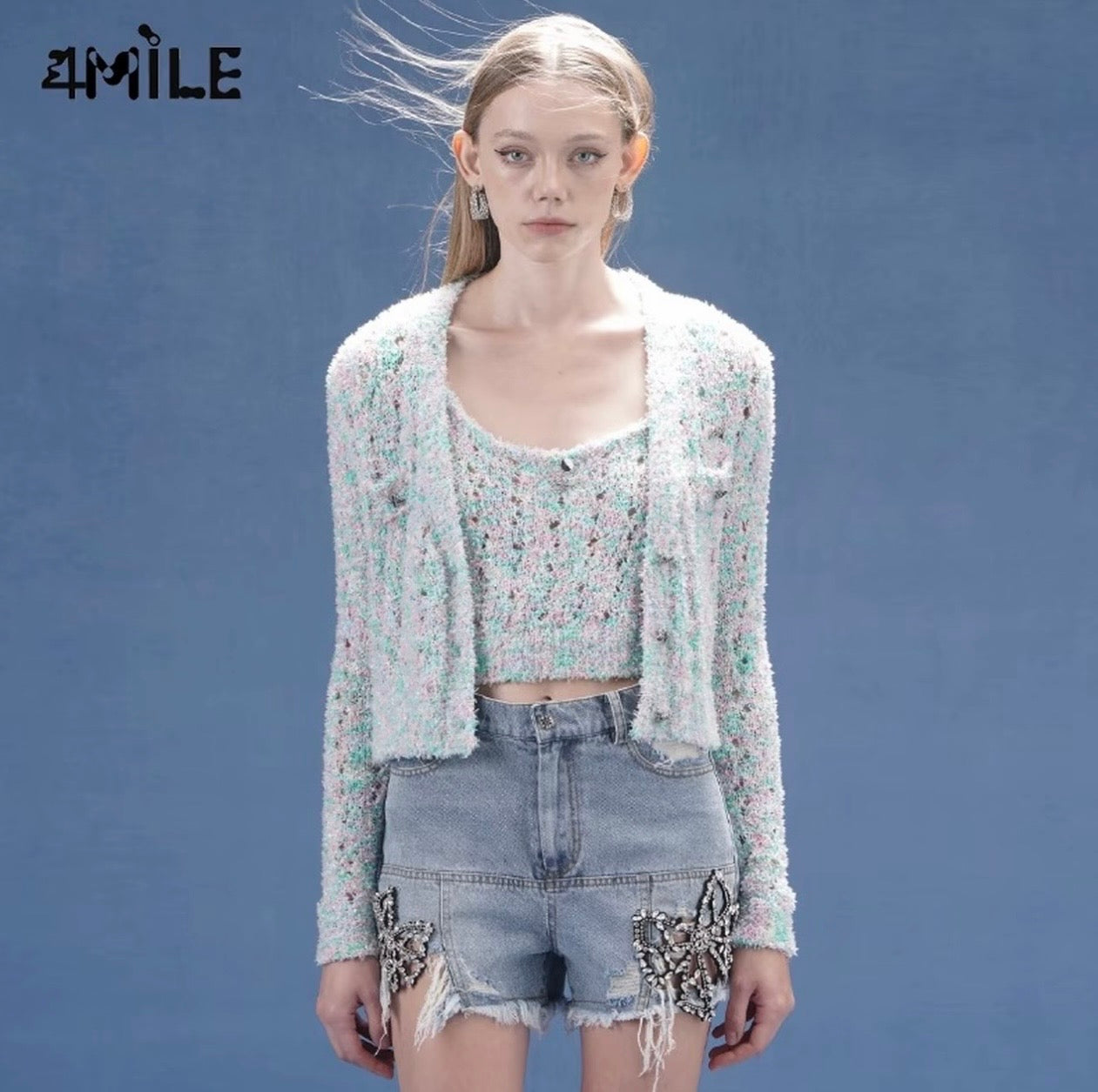 4MILE春夏新款设计师闪亮珠片满天星大网眼开衫气质修身短款外套
