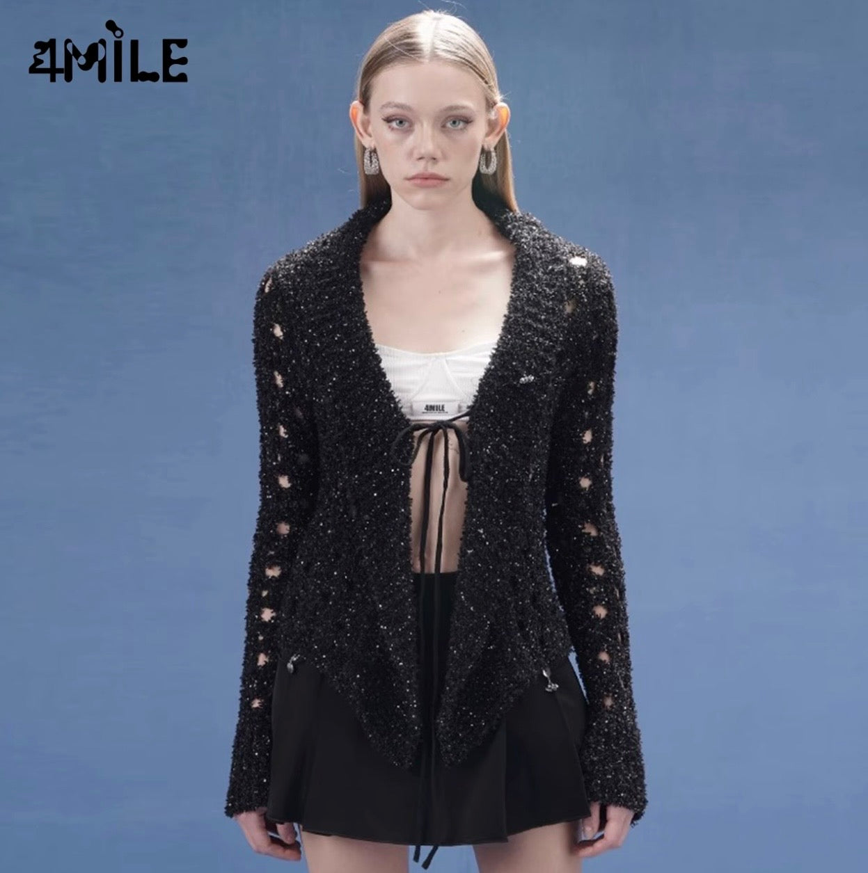 4MILE春夏新款珠片大网眼系带开衫收腰气质设计感时尚针织外套
