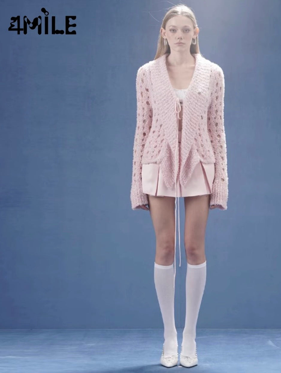 4MILE春夏新款珠片大网眼系带开衫收腰气质设计感时尚针织外套