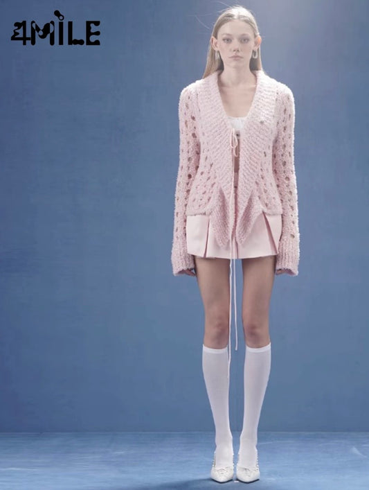 4MILE Spring/Summer New Sequined Mesh Tie-Waist Cardigan with a Slim Fit and Stylish Knitwear