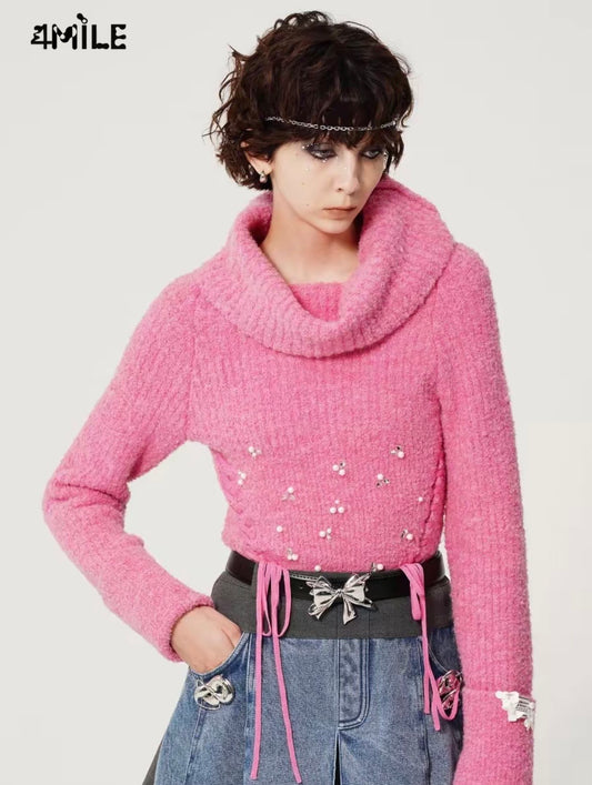 4MILE Autumn/Winter High-Neck Hand-Beaded Tie-Waist Sweater: Comfortable, Skin-Friendly, Warm, Two-Way, Relaxed Style