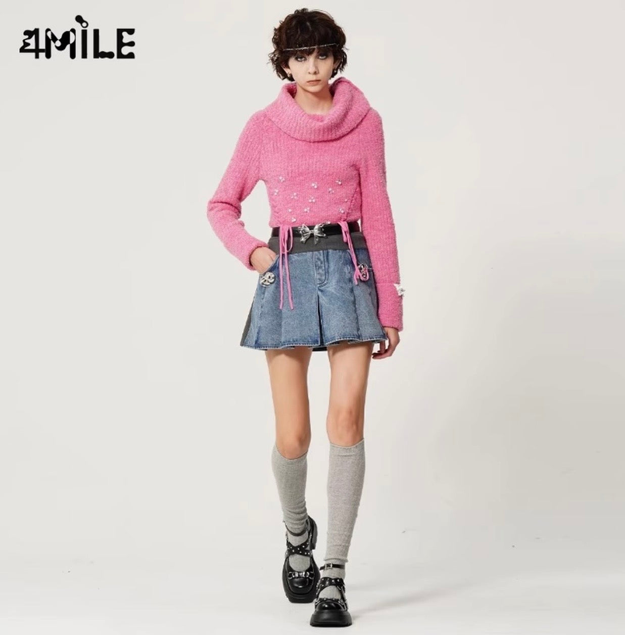 4MILE秋冬高领手工钉珠系带毛衫舒适贴肤保暖毛衣两穿慵懒风