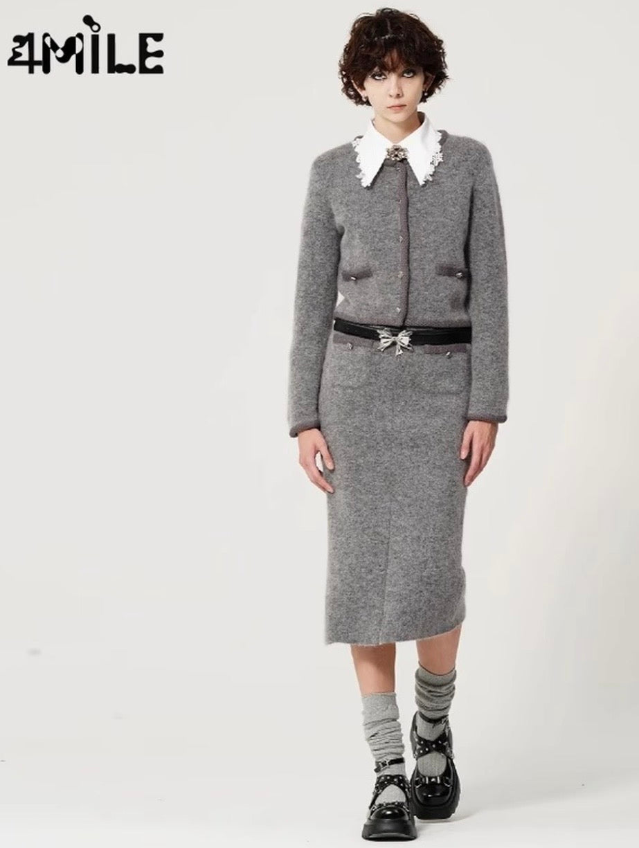 4MILE优雅小香风名媛开衫时尚短款气质设计师撞色长袖针织衫