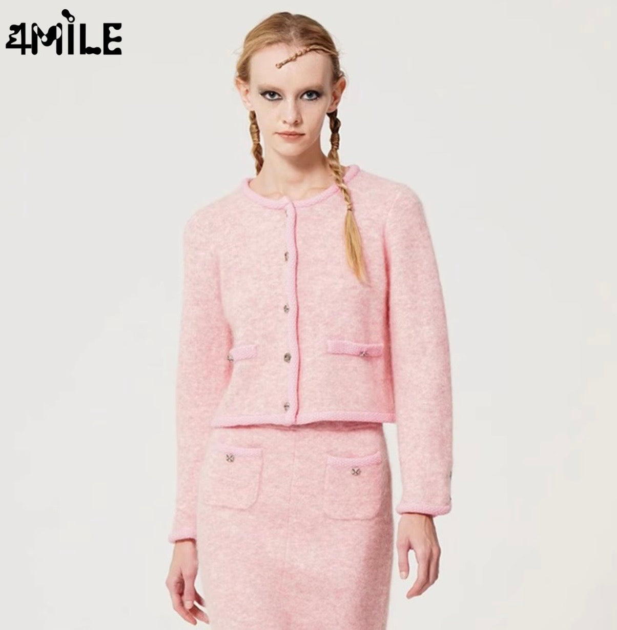 4MILE优雅小香风名媛开衫时尚短款气质设计师撞色长袖针织衫