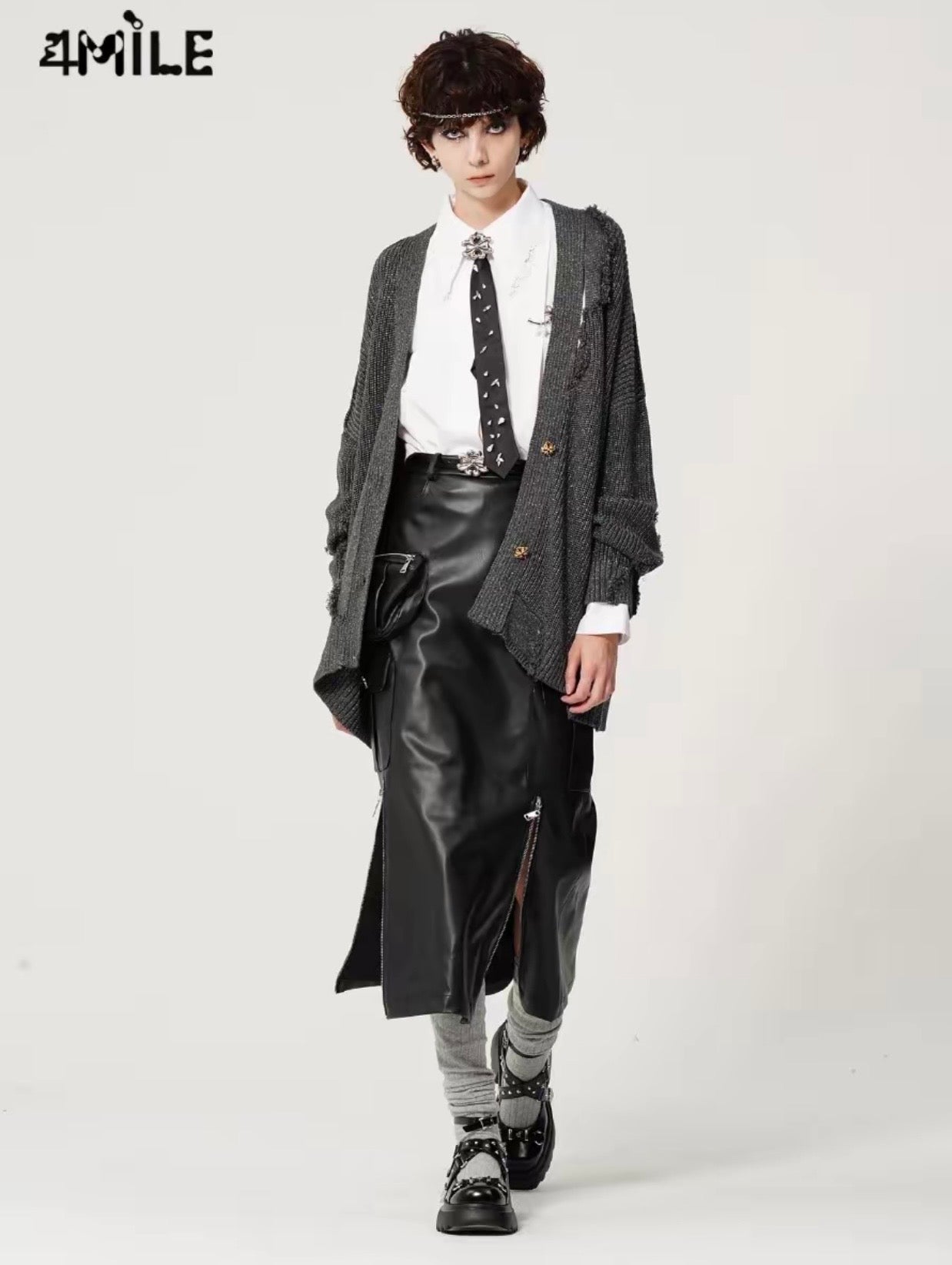 4MILE亮丝深灰破坏主义针织开衫时髦宽松慵懒风设计师毛衣外套