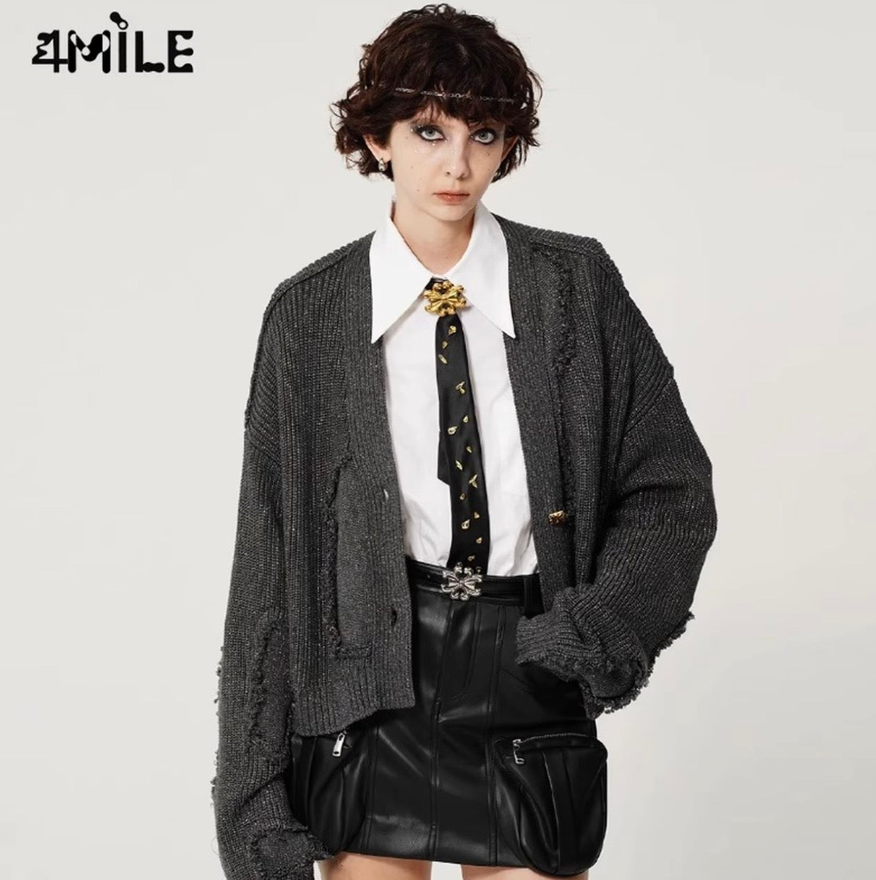 4MILE亮丝深灰破坏主义针织开衫时髦宽松慵懒风设计师毛衣外套