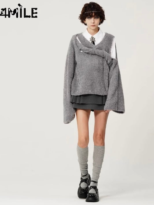 4MILE Autumn/Winter High-End Gray Deconstructed Pullover Sweater Original V-Neck Flared Sleeve Knitwear