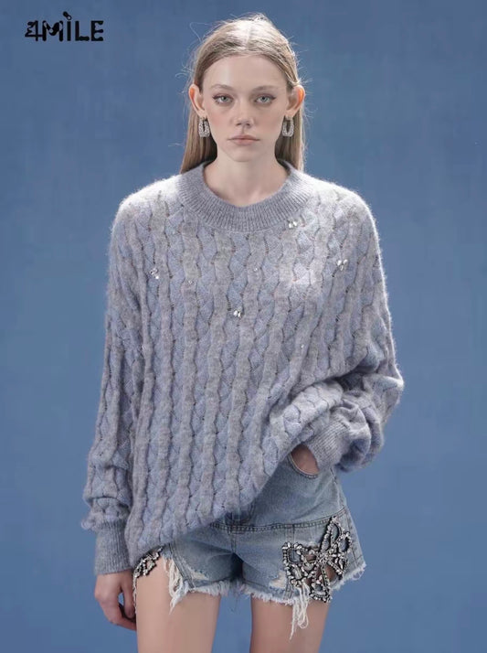 4MILE [Zhang Zhenyuan's Style] Sweet Beaded Floral Trim Round Neck Pullover Sweater Loose Hollow-Out Knit Sweater