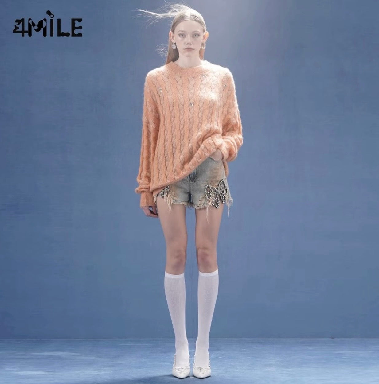 4MILE【张真源同款】甜美珠花装饰圆领套头毛衫宽松镂空毛衣针织衫