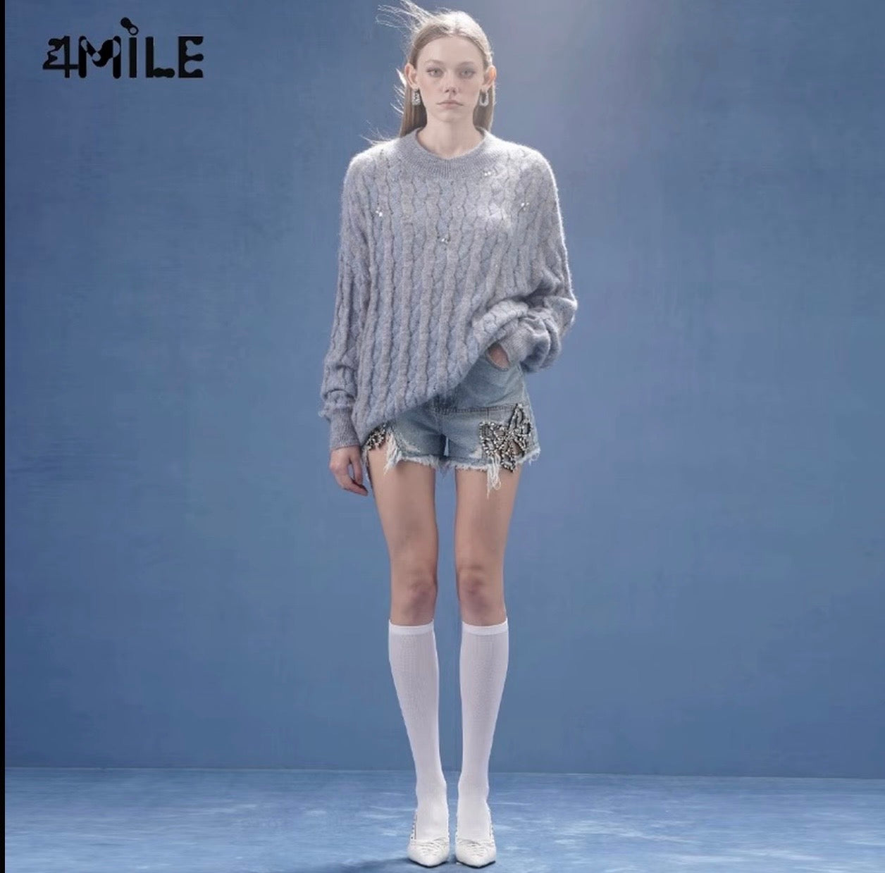 4MILE【张真源同款】甜美珠花装饰圆领套头毛衫宽松镂空毛衣针织衫