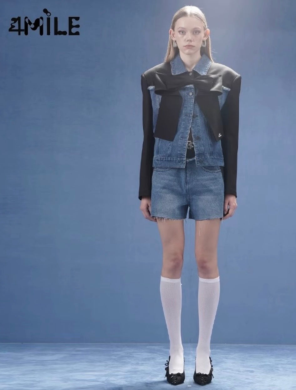 4MILE春夏新款蓝色蝴蝶结设计感牛仔撞色拼接夹克上衣外套