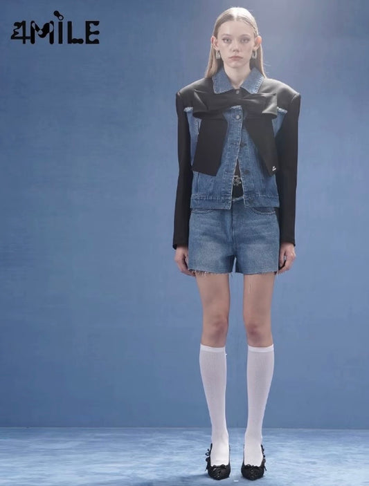 4MILE Spring/Summer New Blue Bow-Design Denim Color-Blocked Jacket/Outerwear